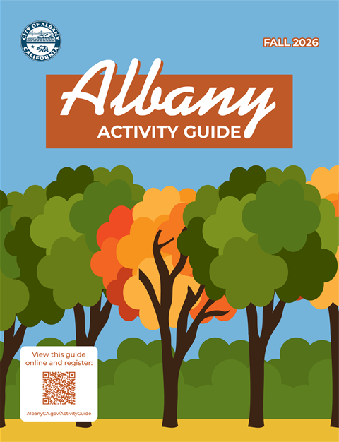 Fall 2026 Activity Guide Front Cover featuring graphic of five trees with green, orange, and red leaves