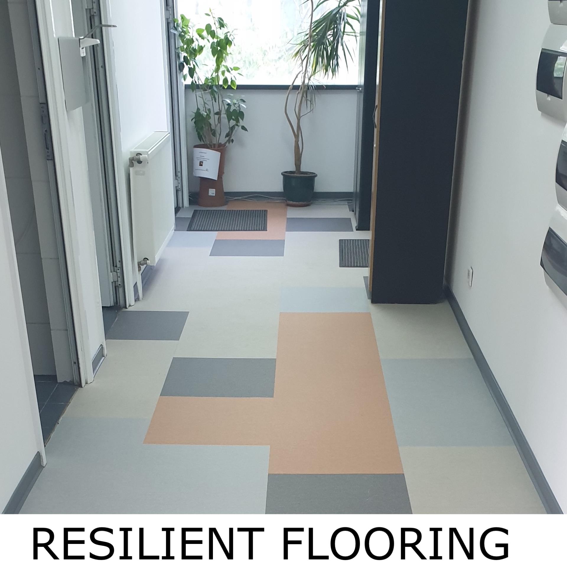 Resilient flooring is non-textile synthetic flooring materials which have a firm surface but offer a slight give or bounce. Examples are: vinyl tile, linoleum, cork, rubber, or polymer flooring. At least 90% of the total area of resilient flooring installed must comply with Volatile Organic Compound (VOC) emissions limits by being a certified UL GREENGUARD Gold product OR a Resilient Floor Covering Institute (RFCI) FloorScore Program certified product.