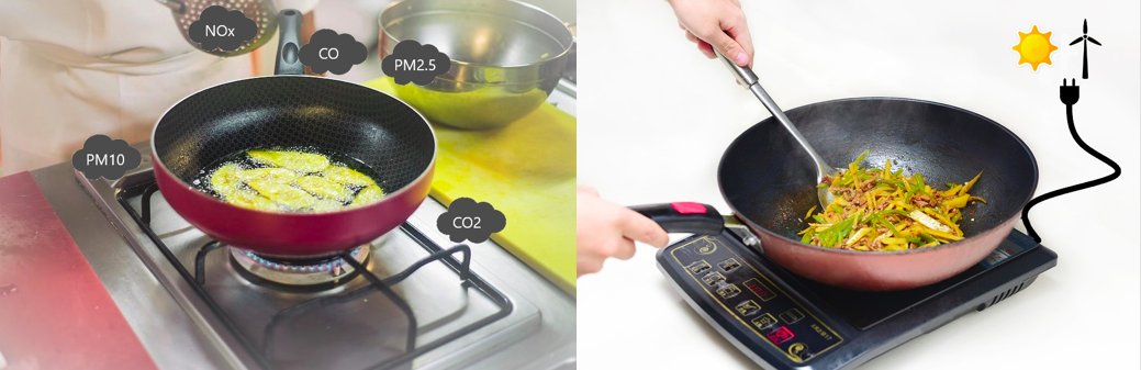 two frypans, one gas and one on induction
